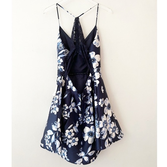 B. Darlin Spaghetti Strap Lace Bra-Back Floral Print Satin Fit-and-Flare Dress - Picture 4 of 10
